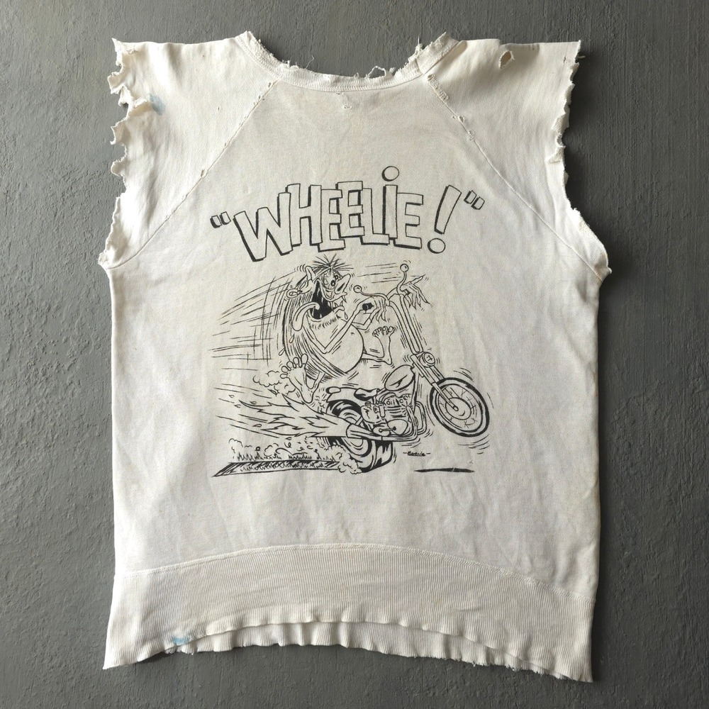 Vintage 1950s Hanes White T-shirt Large Hot Rod Biker Monster Thrashed
